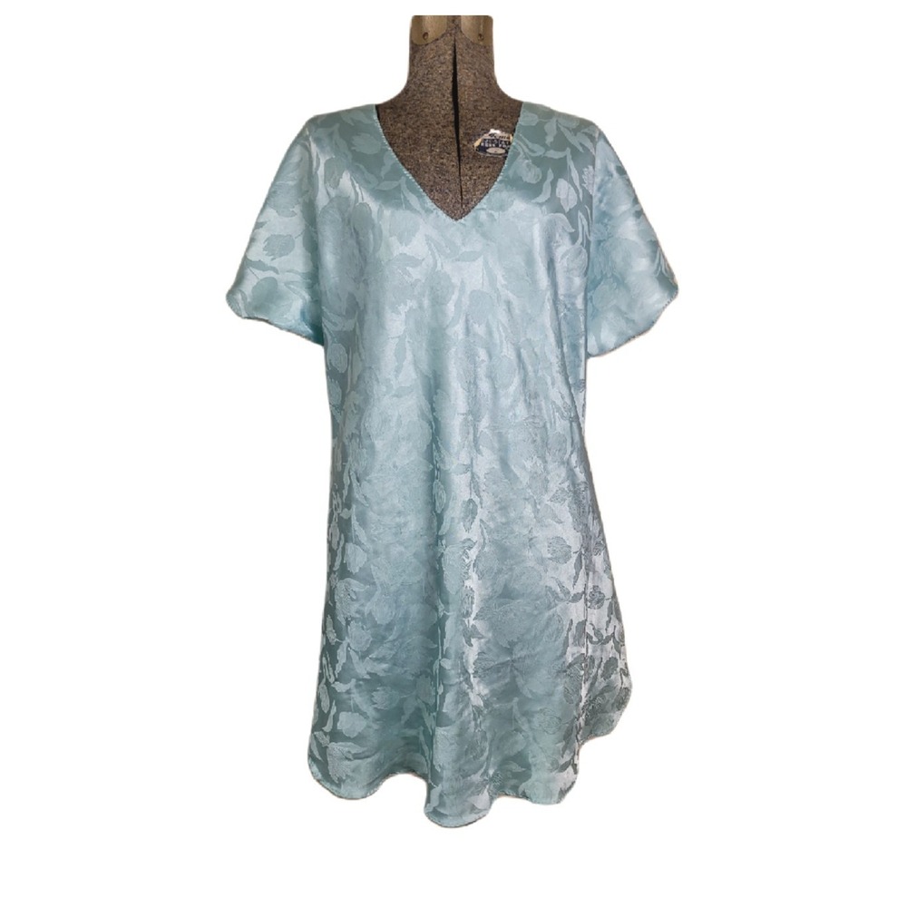 Vintage 70s Tulip Flower Nightgown Teal Baby Blue Short Babydoll Volup 2X XL